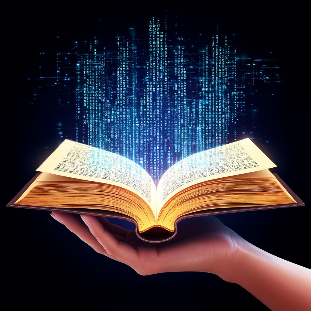 Концепт 'Книга в руке' для RAG: стилизованная рука держит светящуюся книгу с цифровыми данными, выходящими из страниц